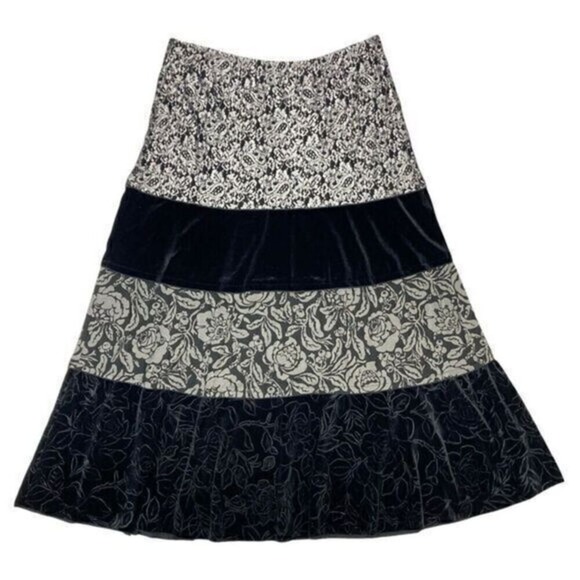 Coldwater Creek Dresses & Skirts - Coldwater Creek Whimsigoth Maxi Skirt Large Black Velvet Floral Tiered Pull‎ On